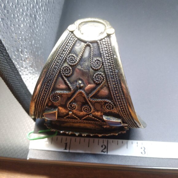 Vintage Tribal Cuff Bracelet Cannetille Silver Tone Etruscan & Sodalite Stone - Picture 6 of 6